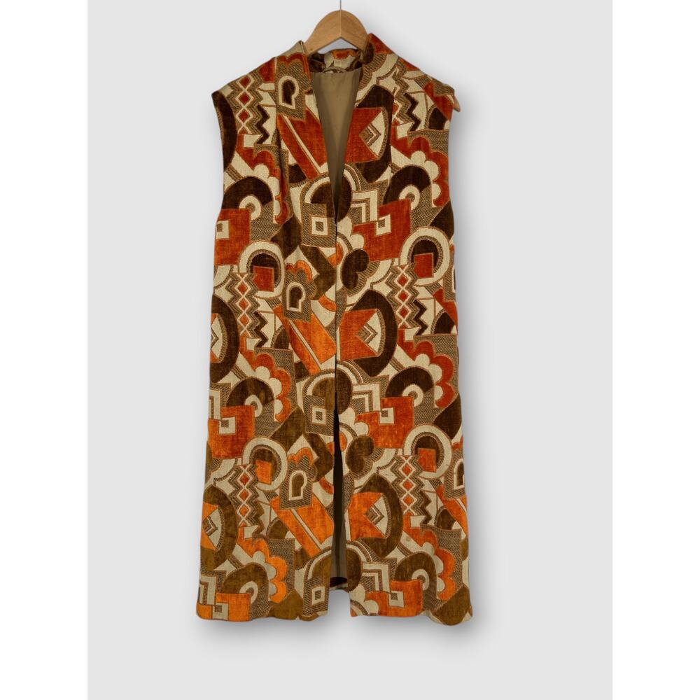 70s Vintage  Abstract Geometric Velvet Duster Open Front Vest - Picture 2 of 5